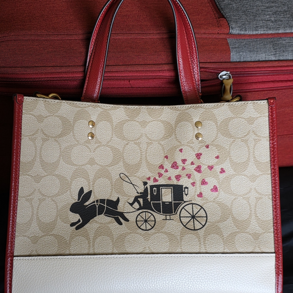 Coach Lunar New Year of the Rabbit Tote in Signature Canvas  w/Heart Accents EUC
